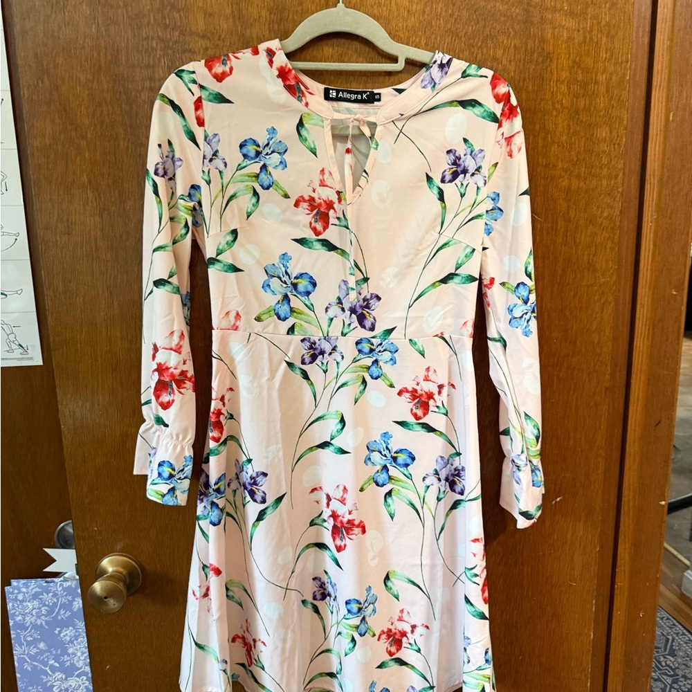 Allegra K Long Sleeve Floral Dress - Cream, Red, Blue